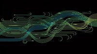 Abstract flowing lines in green and blue creating dynamic wave patterns on black background for modern digital design projects.
