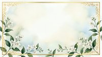 Watercolor floral frame with white flowers and green leaves on soft pastel background, golden border, copy space for wedding or event invitation.