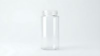 Empty clear glass jar with wide mouth opening isolated on white background for food storage and kitchen organization projects.