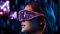 Young woman wearing futuristic VR headset with glowing pink lights in cyberpunk neon environment for technology and virtual reality concepts.