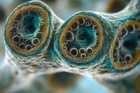 Microscopic view of nerve fiber cross sections showing myelin sheath structure in turquoise and gold colors against dark background for medical and scientific visualization.