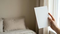 Person holding blank white card in bedroom with natural light, suitable for mockups, advertising, and promotional designs.