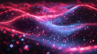 Glowing abstract waves with pink and blue particles creating dynamic motion effect against dark background, bokeh lights floating in space-like atmosphere.