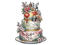 Ornate tiered cake with Asian-inspired floral motifs, lanterns, birds, and skull embellishments on white background, suitable for bakery branding and design projects.
