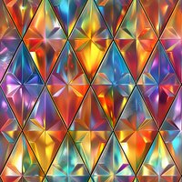 Vibrant geometric pattern with colorful diamond shapes creating kaleidoscopic effect in rainbow hues, seamlessly repeating for wallpaper and textile design backgrounds.