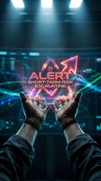 Hands presenting glowing financial alert warning with upward arrow in futuristic trading room environment for investment risk management concepts.