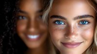 Young multiethnic women with bright smiles and natural beauty features - freckles and blue eyes on blonde woman, dark curly hair on African woman in soft focus.