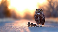 Majestic great horned owl standing on frosty ground at sunrise with three small owlets, creating dramatic silhouette against warm golden morning light background.