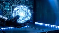 Robotic hand holding glowing digital sphere with circuit board patterns, representing artificial intelligence, technology innovation, and future computing solutions.