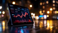 Digital tablet displaying financial market data with red stock chart against blurred city lights background at night.
