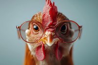 Funny close-up portrait of ginger rooster wearing vintage eyeglasses against blue background. Humorous farm animal character with red comb and wattles.