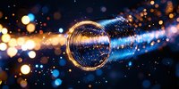 Glowing optical fiber with golden light streaks and bokeh effects against dark background creates futuristic technology concept for telecommunications industry.