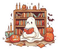 Cute ghost reading book in cozy library setting with carved pumpkins, candles and flying bats. Halloween themed illustration with bookshelf background and scattered pages.