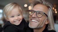 Joyful moment between mature Caucasian father with long gray hair wearing glasses and young child sharing genuine laughter against blurred bokeh background.