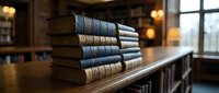 Stack of antique leather-bound books with blue and cream spines arranged on wooden table in classic library setting with warm lighting and bookshelves.