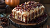 Cranberry orange pound cake topped with vanilla glaze, dried cranberries and pecans on rustic wooden board, seasonal autumn baking with spices.