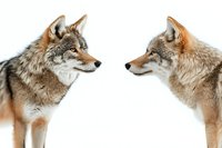Two coyotes facing each other in profile view against white background, showing detailed fur texture and natural coloring. Isolated wildlife portrait for design use.