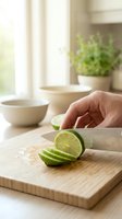 Hands slicing fresh lime on wooden cutting board in bright kitchen with natural light, bowls and potted herbs in background for cooking and food preparation.