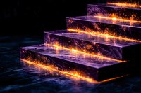 Glowing purple crystal stairs with magical orange light sparks and particles floating in dark space, creating mystical ascending pathway for fantasy designs.