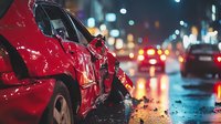 Damaged red car after accident on wet night city street with bokeh lights and reflections on rainy asphalt. Side view of crashed vehicle.