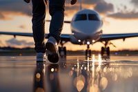 Walking towards private jet on wet runway during golden sunset, reflection in water puddles creates dramatic bokeh effect with aircraft silhouette in background.