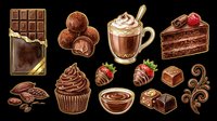 Chocolate bar, cocoa truffles, hot chocolate beverage, layered cake slice, chocolate cupcake, chocolate-dipped strawberries, chocolate bowl with swirl, chocolate pieces, cocoa beans, and decorative swirls isolated on transparent background. Ready for t-shirt designs, stickers, clipart, sublimation, and print-on-demand products.