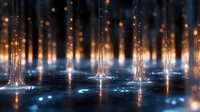 Glowing orange light pillars rise from reflective surface with magical sparkles and bokeh effects creating mystical atmosphere against dark background.