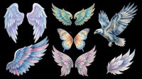 Colorful wings collection featuring angel, fairy, bird, and butterfly designs isolated on transparent background. Ready for t-shirt designs, clipart, stickers, sublimation, and print-on-demand projects.