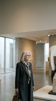 Mature woman with white hair and glasses wearing dark blazer and beige scarf, carrying brown handbag, viewing sculpture in modern art gallery with minimalist interior design and natural lighting.