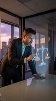 Professional Caucasian businessman in modern office interacting with holographic justice scales symbol representing legal technology and digital law services.