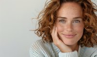Young woman with natural freckles and curly ginger hair wearing cozy white knit sweater smiles warmly while touching face against light background.