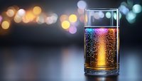 Glass of sparkling beverage with bubbles against blurred bokeh background, creating festive atmosphere for celebration or nightlife scene.