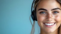 Young Caucasian woman with natural freckles, bright blue eyes and radiant smile wearing wireless headphones against blue background. Close up portrait showing genuine joy.
