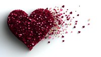 Red glittering heart shape dissolving into smaller hearts, creating dynamic dispersing effect on white background. Perfect for Valentine's Day designs.