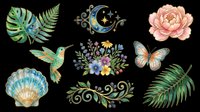 Watercolor botanical clipart set with hummingbird, butterfly, flowers, tropical leaves, shell, and moon. Isolated on transparent background, ready for stickers, sublimation, and t-shirt design.