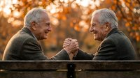 Two elderly Caucasian men in warm sweaters sharing joyful moment with handshake on park bench during golden autumn sunset, expressing friendship and connection.