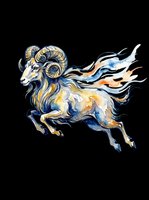 Watercolor Aries ram leaping with flowing mane in blue, gold, and orange tones, isolated on transparent background, ready for stickers, sublimation, and t-shirt design.