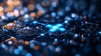 Illuminated computer keyboard with glowing blue backlight and bokeh effects creating futuristic technology atmosphere. Close up macro photography with shallow depth.