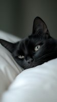 Close-up portrait of sleepy black cat with bright yellow eyes resting on white bedding, creating mysterious and moody atmosphere for pet photography.