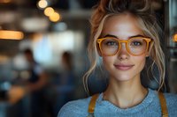 Young blonde woman wearing stylish orange glasses and gray sweater smiling warmly at camera. Soft bokeh cafe lights create cozy atmosphere in background.