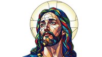 Stained glass style portrait of Jesus Christ with halo, colorful mosaic art design for religious and spiritual projects, isolated on white background.