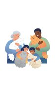 Diverse family with pets sitting together, elderly Caucasian woman, African American man and children holding cats on white background for design use.