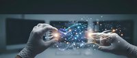 Two hands reaching toward each other with glowing digital particles and light effects between them, representing connection, technology transfer and innovation.