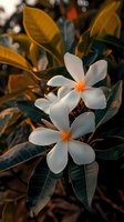 White plumeria flowers with orange centers bloom among dark green leaves in warm evening light, creating a tropical mood with dramatic natural lighting.