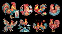 Colorful Chinese zodiac rooster set isolated on transparent background, ready for T-shirts, stickers, clipart, sublimation, and print on demand design use.