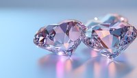 Sparkling diamonds with pink and blue reflections on glossy surface, luxury gemstones with brilliant cut facets catching light and creating prismatic effects.