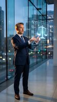 Professional lawyer using digital legal technology interface with scales of justice hologram in modern office building at night.