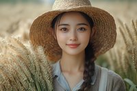 Young Asian woman in straw hat and casual attire holding wheat stalks, smiling warmly against golden wheat field background in soft natural lighting.