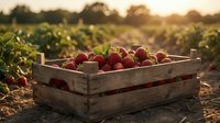 Fresh ripe strawberries in rustic wooden crate at sunset farm field. Organic berry harvest agriculture concept for healthy eating and farming lifestyle.