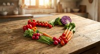 Fresh organic vegetables arranged in heart shape on rustic wooden cutting board in warm sunlit kitchen. Healthy eating and cooking concept.